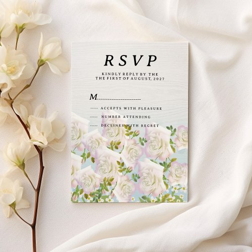 Rustic white wood pink mint roses RSVP  Invitation