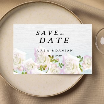 Rustic White Wood Pink Mint Roses Save The Date Invitation by paperi at Zazzle
