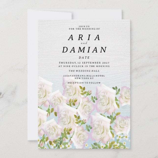 Rustic white wood pink mint roses Wedding Invitation (Front)