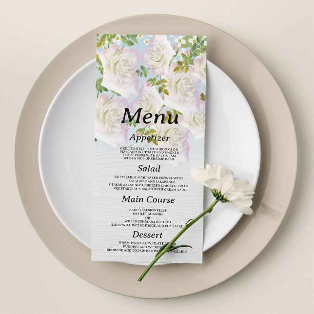 Rustic white wood pink mint roses Wedding Menu (Rustic white wood pink mint roses Wedding Menu )