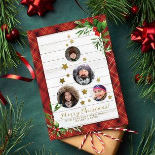 Rustic White Wood & Plaid Christmas Tree 4 Photo Holiday Card