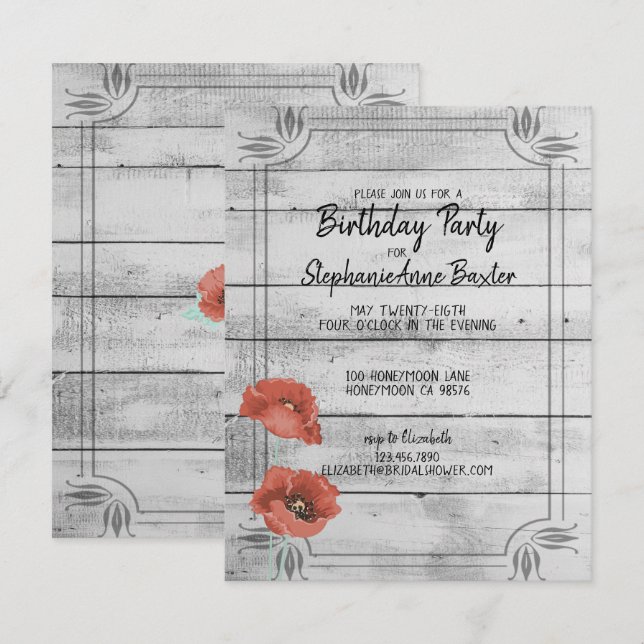 Rustic White Wood Poppy Flowers Birthday Invitatio Invitation (Front/Back)