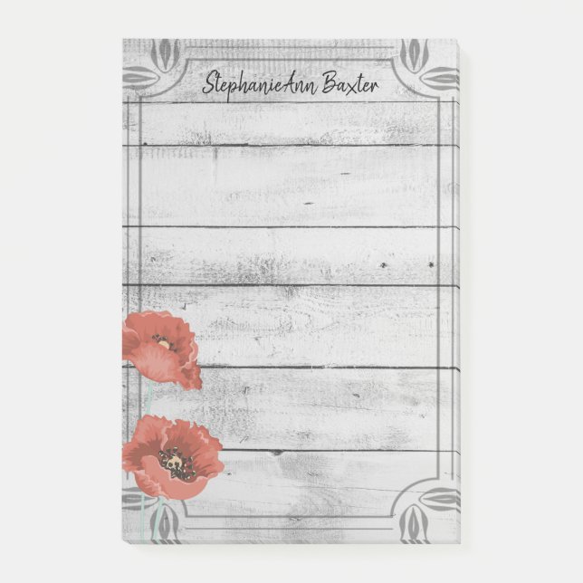 Rustic White Wood Poppy Flowers Notes (Front)