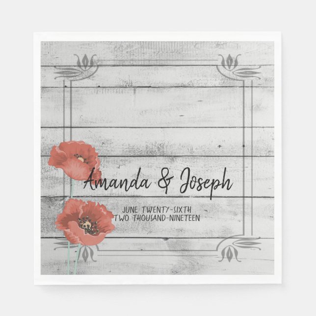 Rustic White Wood Poppy Flowers Wedding Napkins (Front)