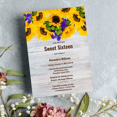 Rustic white wood sunflower floral Sweet Sixteen Invitation