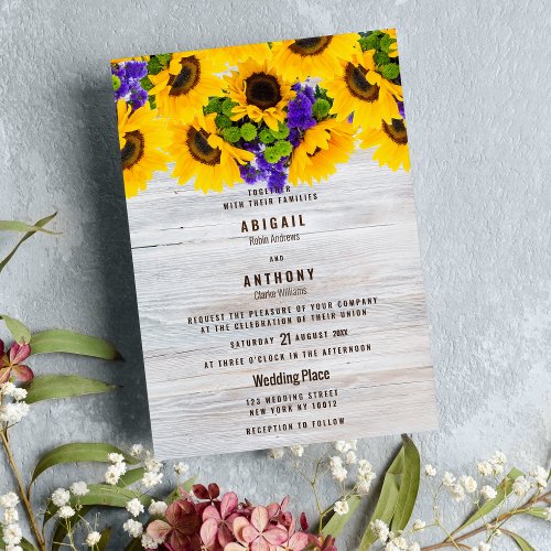 Rustic white wood sunflower floral Wedding Invitation