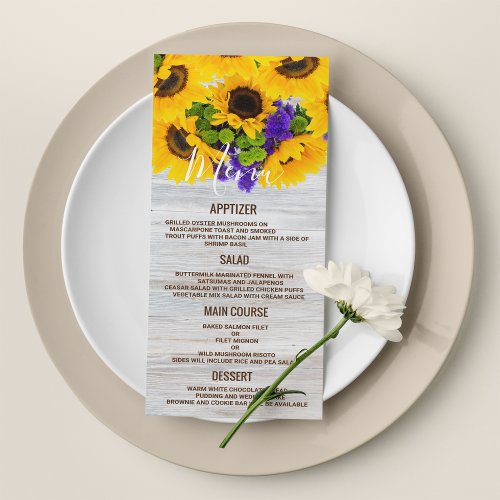 Rustic white wood sunflower floral Wedding Menu