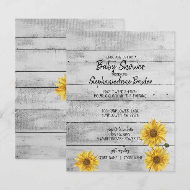 Rustic White Wood Sunflowers Baby Shower Card (Front/Back)