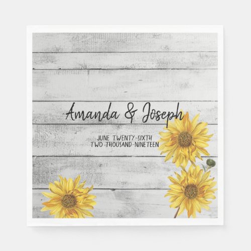 Rustic White Wood Sunflowers Wedding Napkins