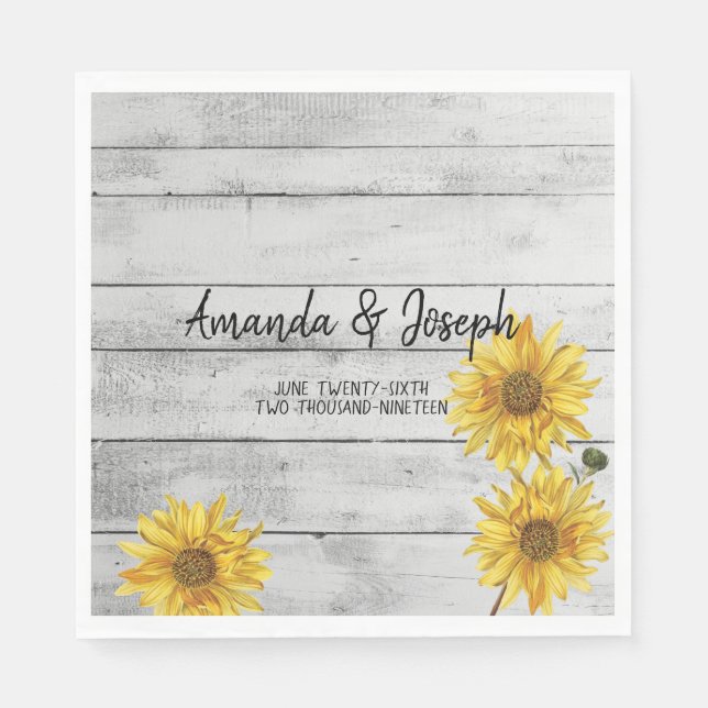 Rustic White Wood Sunflowers Wedding Napkins (Front)