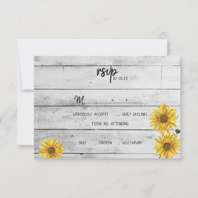 Rustic White Wood Sunflowers Wedding RSVP Card (Front)