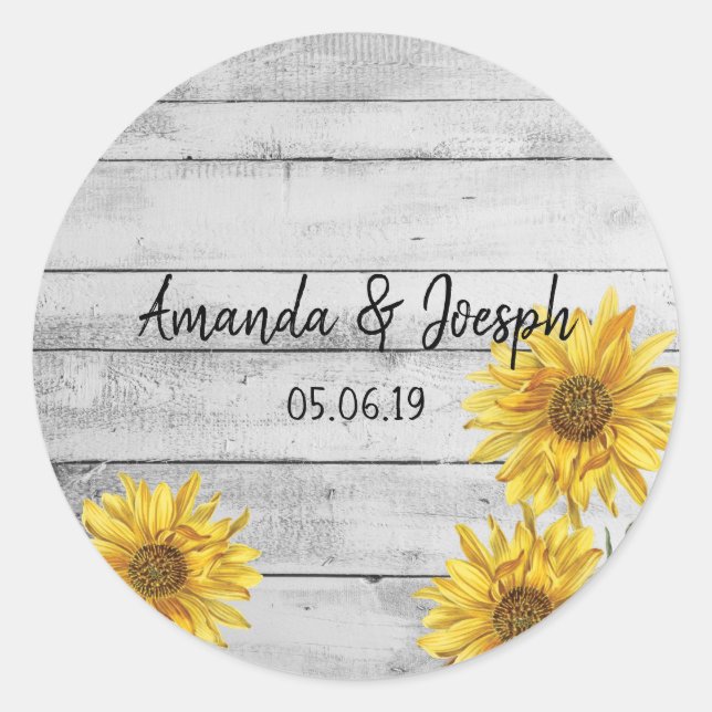 Rustic White Wood Sunflowers Wedding Stickers (Front)