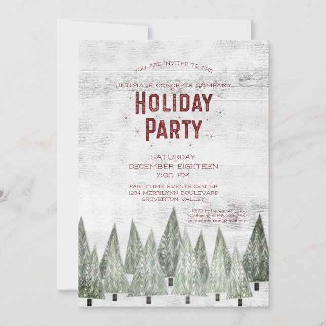 Rustic White Wood & Trees Company Holiday Party Invitation (Front)