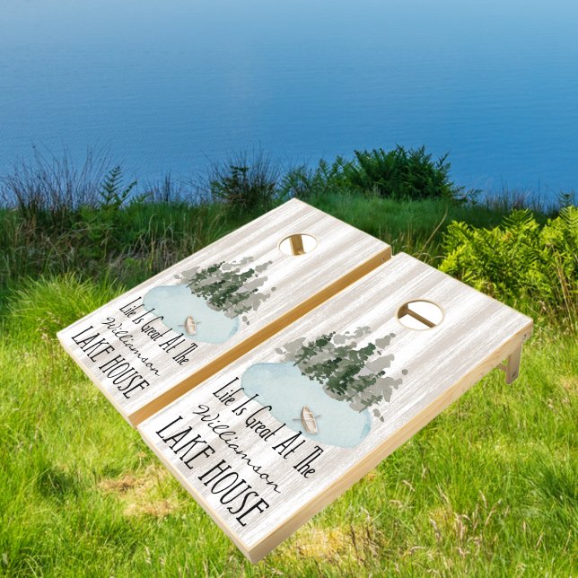 Rustic White Wood Vacation Family Lake House Cornhole Set (Lake House Corn Hole Set)