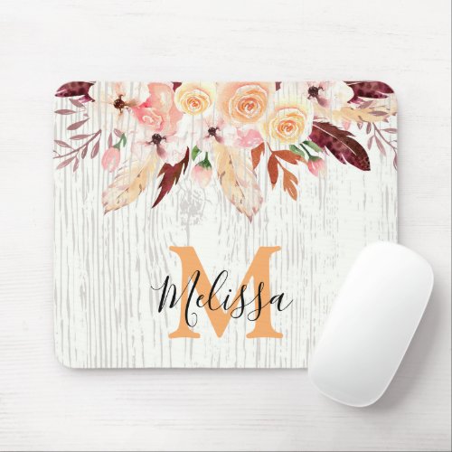 Rustic White Wood Watercolor Flowers Monogrammed  Mouse Pad