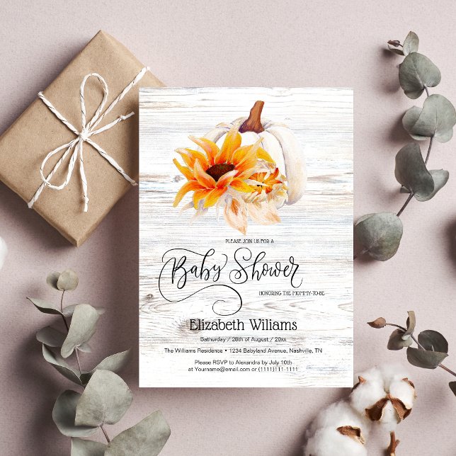 Rustic White Wood Watercolor Pumpkin Baby Shower Invitation (Creator Uploaded)