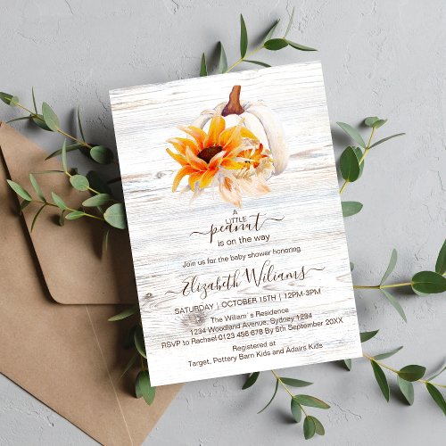 Rustic White Wood Watercolor Pumpkin Baby Shower Invitation