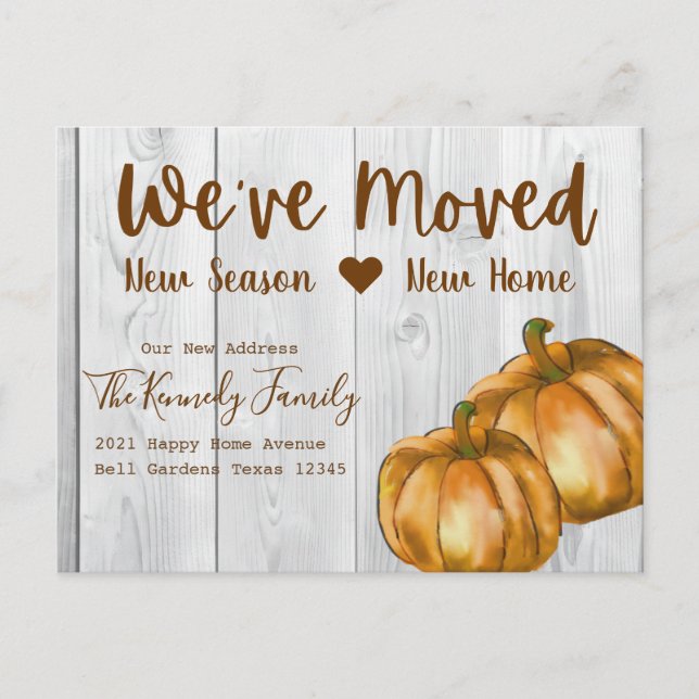 Rustic White Wood Watercolor Pumpkin Fall Moving Announcement Postcard (Front)