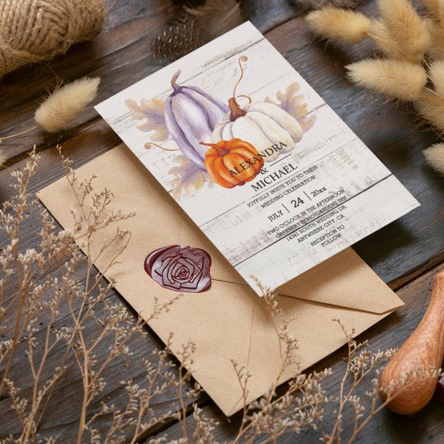 Rustic White Wood Watercolor Pumpkin Sunflower  In Invitation (Creator Uploaded)