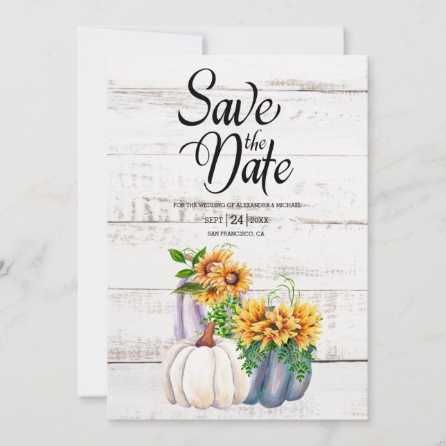 Rustic White Wood Watercolor Pumpkin Sunflower     Save The Date (Front)
