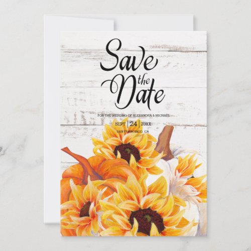 Rustic White Wood Watercolor Pumpkin Sunflower     Save The Date