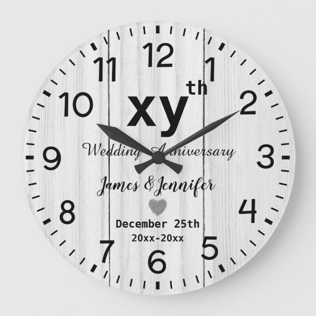 Rustic White Wood Wedding Anniversary Custom names Large Clock (Front)