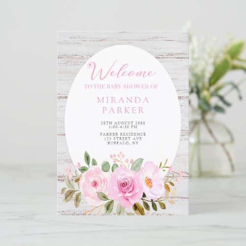 Rustic White Wood with Pink Peonies Baby Shower Invitation