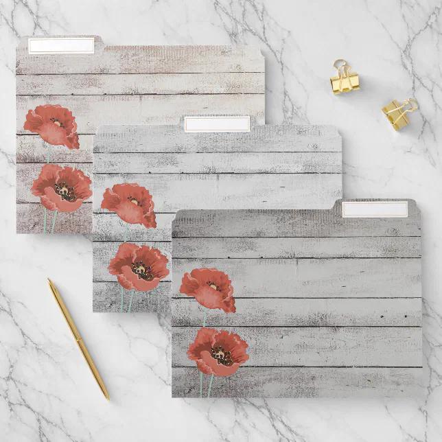 Rustic File Folder Rustic White Wood with Poppy Flowers File Folders | Zazzle