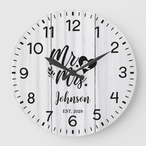 Rustic White wooden Elegant Script Mr &amp; Mrs Large Clock