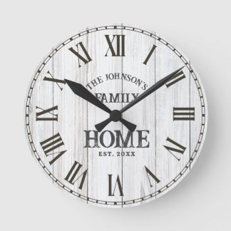 Rustic White Woodgrain Modern Farmhouse Round Clock