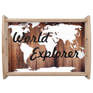 Rustic White World Map World Explorer Wood Planks Serving Tray