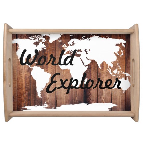 Rustic White World Map World Explorer Wood Planks Serving Tray
