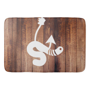 Rustic White Worm on a Hook & Wood Planks Bath Mat