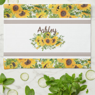 Rustic White Yellow Sunflower Personalized Kitchen Towel