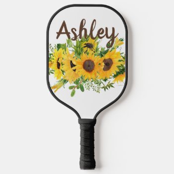 Rustic White Yellow Sunflower Personalized  Pickleball Paddle by wasootch at Zazzle