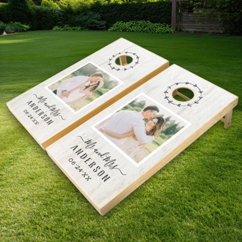 Rustic Whitewash Mr and Mrs Photo Wedding Cornhole Set