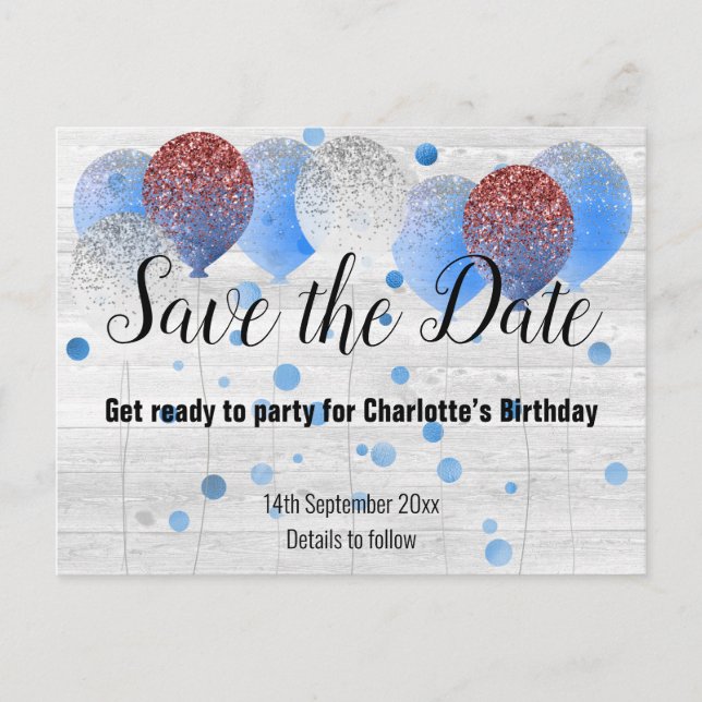 Rustic Whitewashed Balloon RED WHITE BLUE Announcement Postcard (Front)