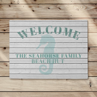 Rustic Whitewashed Seahorse Beach Hut Doormat
