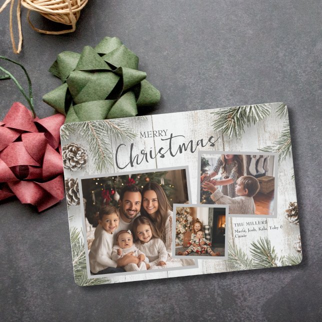 Rustic Whitewashed Wood Christmas Photo Collage  Holiday Card (Creator Uploaded)