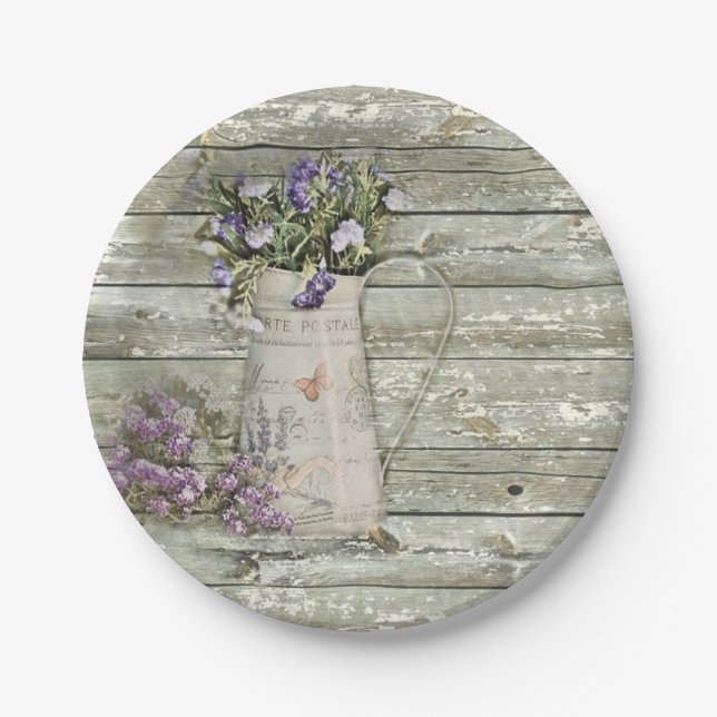 rustic whitewashed wood farmhouse lavender paper plates (Front)