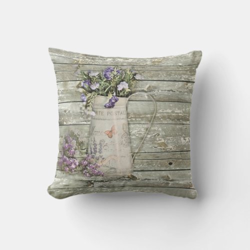 rustic whitewashed wood farmhouse lavender throw pillow