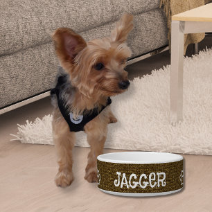 Rustic Wicker Basket Weave Pet's Name Dog Bowl