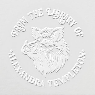 Rustic Wild Boar Head Library Book Name #1P Embosser