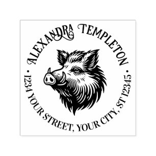 Rustic Wild Boar Head Name Return Address #1P Self-inking Stamp
