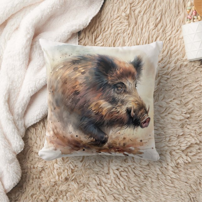 Rustic Wild Boar Watercolor Throw Pillow (Blanket)