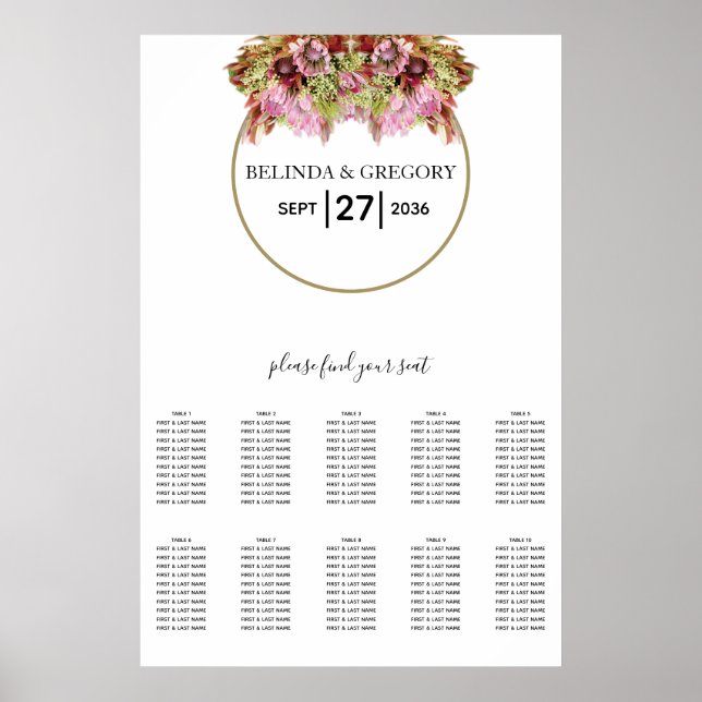 Rustic Wild Flower Bouquet Wedding Seating Chart (Front)