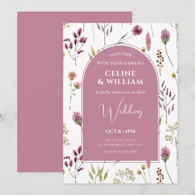 Rustic wild flower wedding invitation (Front/Back)