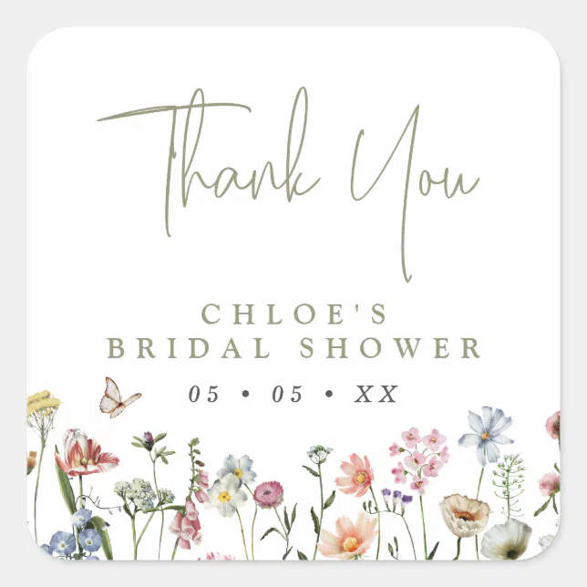 Rustic Wild Flowers Bridal Shower Thank You Square Sticker | Zazzle