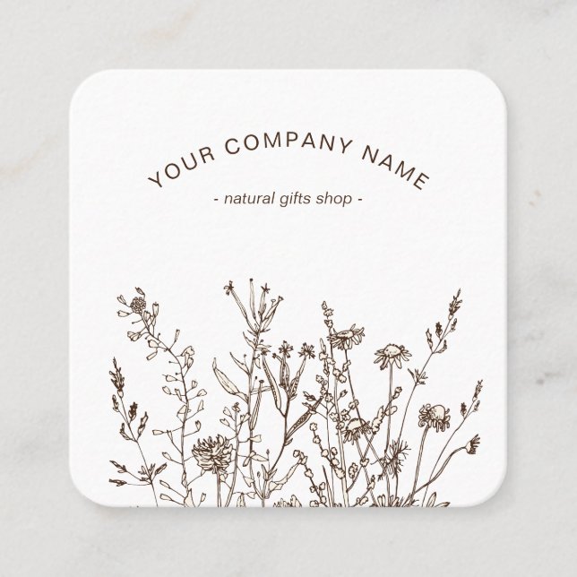 Rustic Wild Flowers Earthy Floral Sketches Logo Square Business Card (Front)
