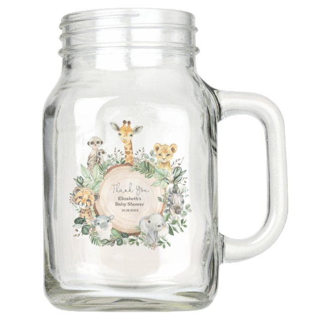 Rustic Wild Jungle Safari Animals Greenery Shower Mason Jar (Front)
